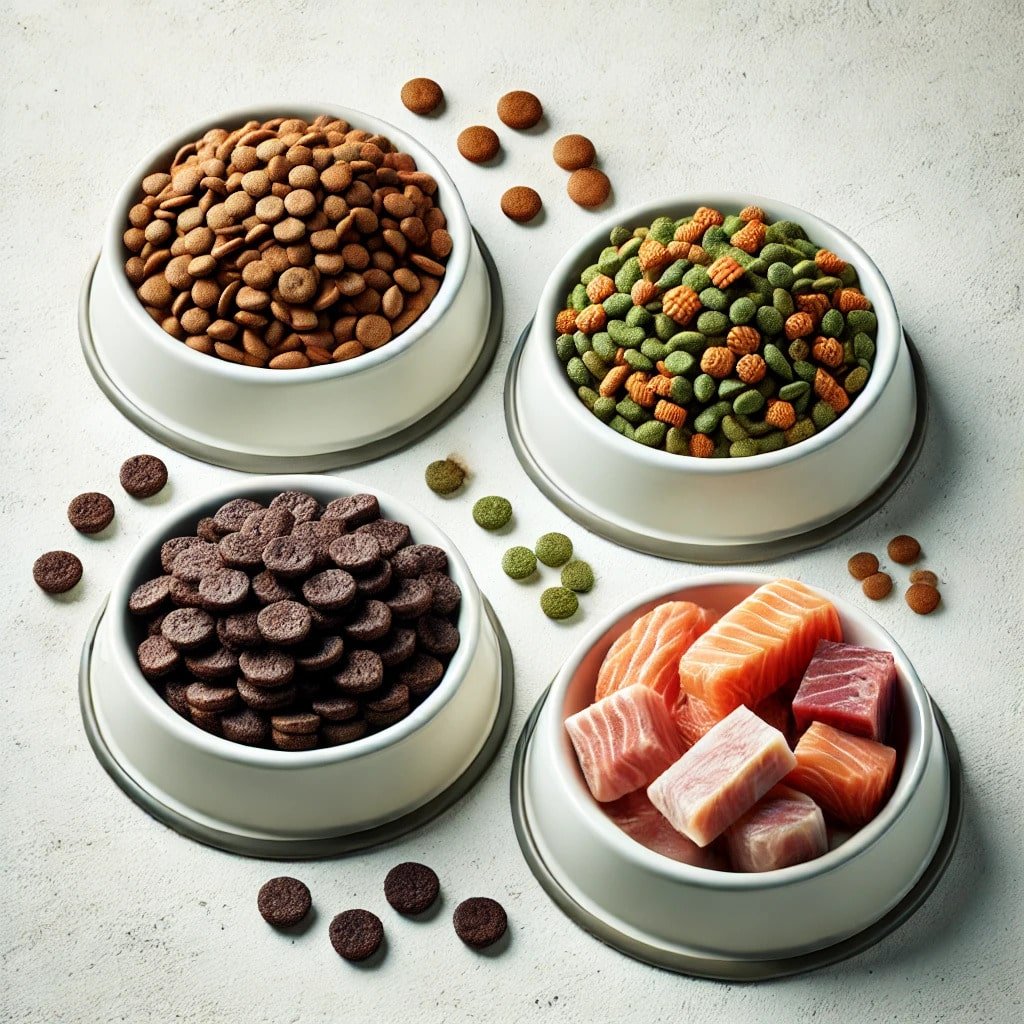 three different types of dog food on a white background