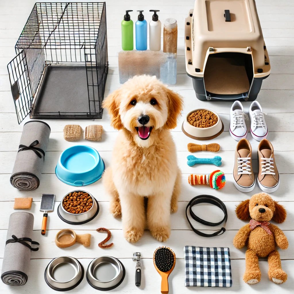 goldendoodle accessories such as food, crate, and dog bed