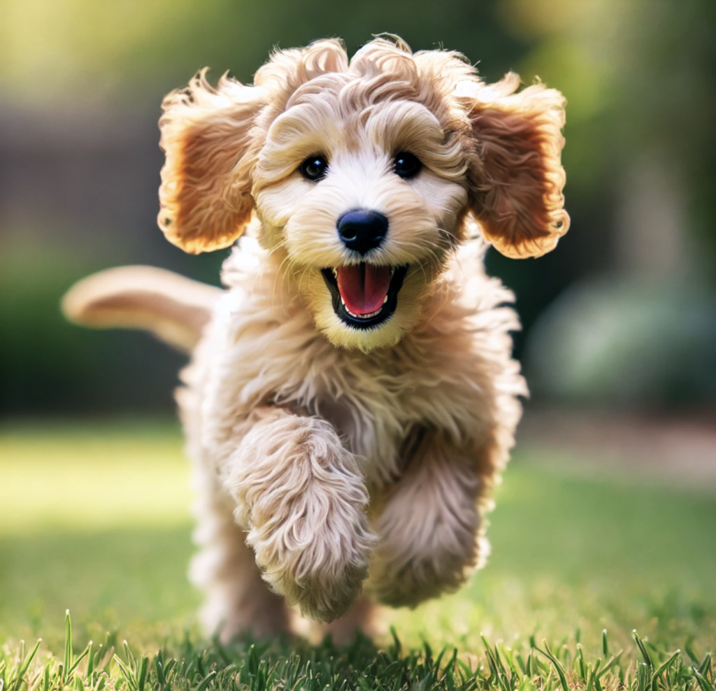 Goldendoodle puppy playfully running towards camera