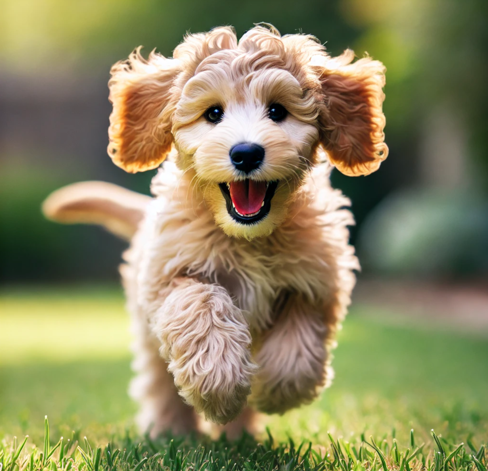 Goldendoodle puppy playfully running towards camera