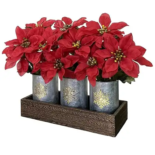 Poinsettias Artificial Christmas Flowers with LED Lights, Red Xmas Table Centerpiece in Pots and Wood Box for Decoration