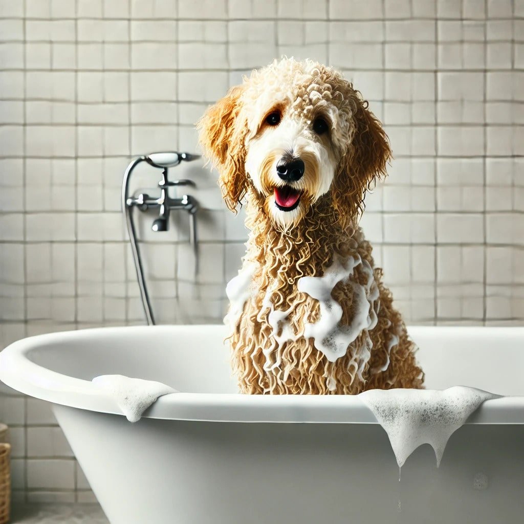 goldendoodle having a bath in the tub