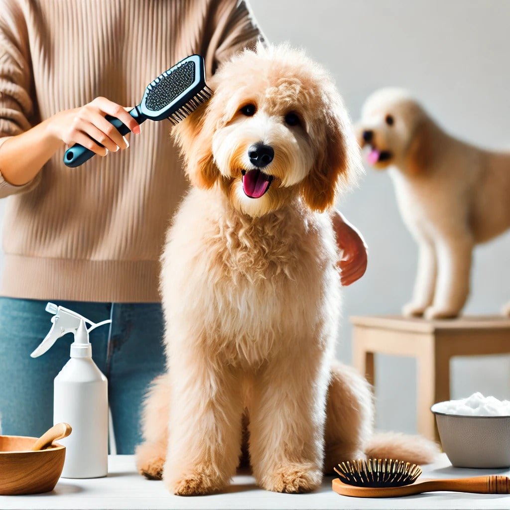 goldendoodle being groomed