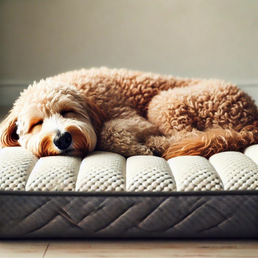 goldendoodle sleeping on dog bed